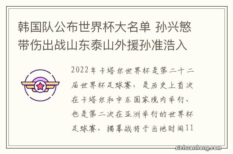 韩国队公布世界杯大名单 孙兴慜带伤出战山东泰山外援孙准浩入选