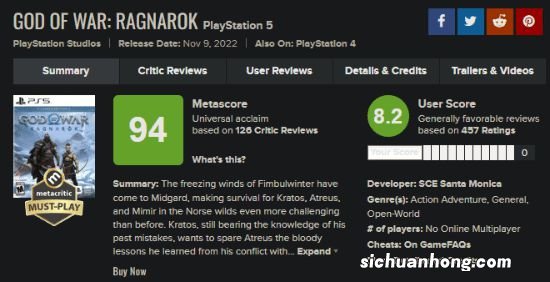 《战神5》M站用户评分8.2 近八成玩家给出好评